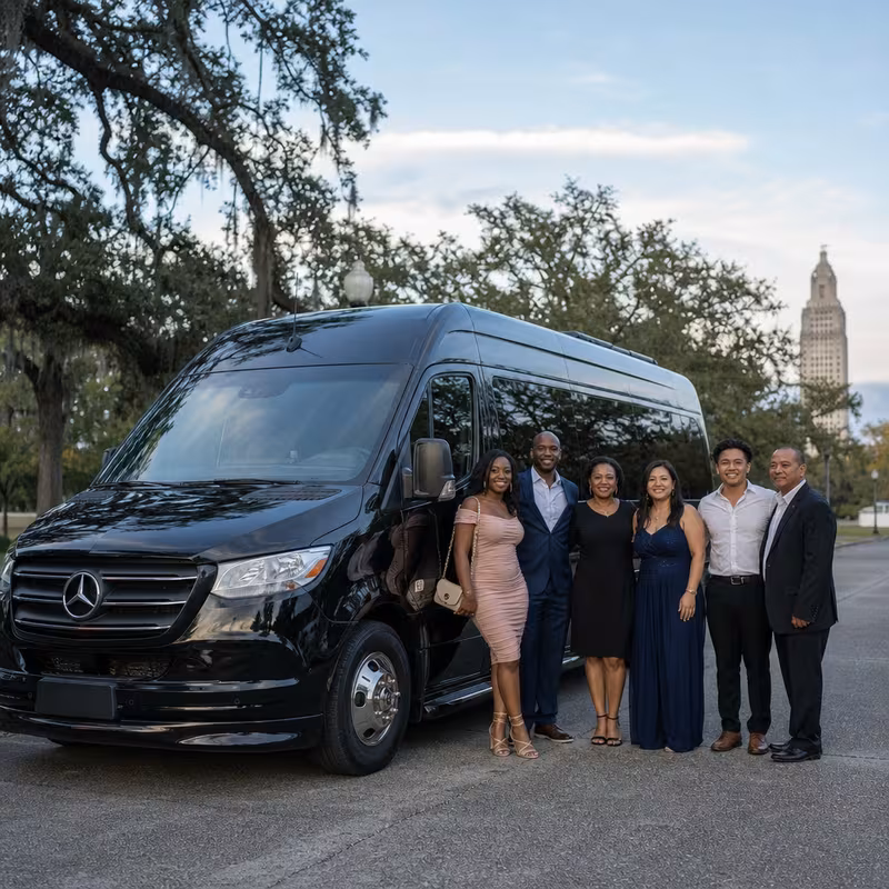 Group beside a Mercedes Sprinter limo from the Baton Rouge fleet