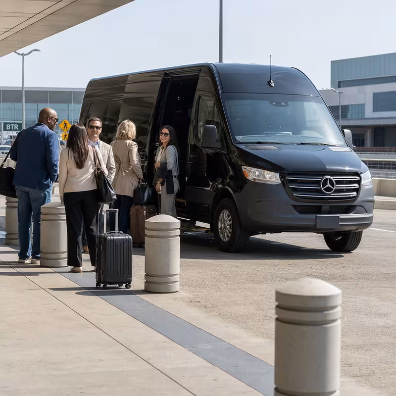 Group boarding a white charter bus for Airport Transportation transportation in Baton Rouge
