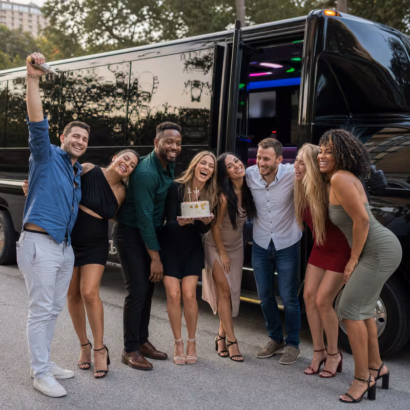 Party bus interior with wraparound leather seating and LED lighting in Baton Rouge