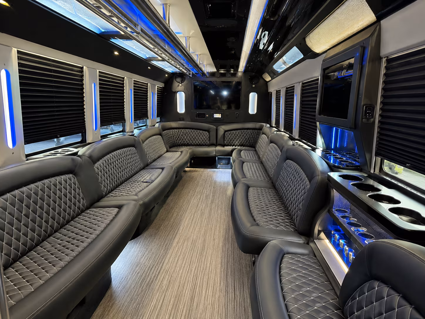 Interior of a party bus rental serving Baton Rouge