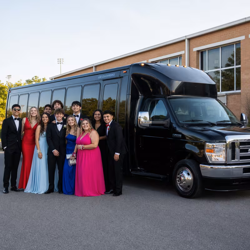 Group boarding a white charter bus for Prom & Homecoming Transportation transportation in Baton Rouge