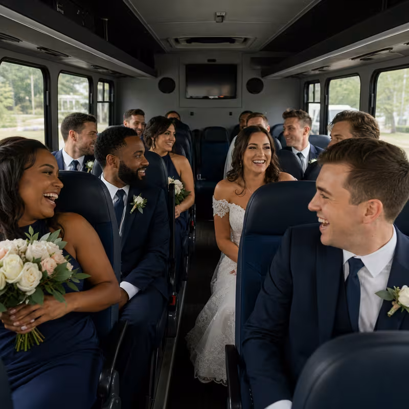 Group boarding a white charter bus for Wedding Transportation transportation in Baton Rouge