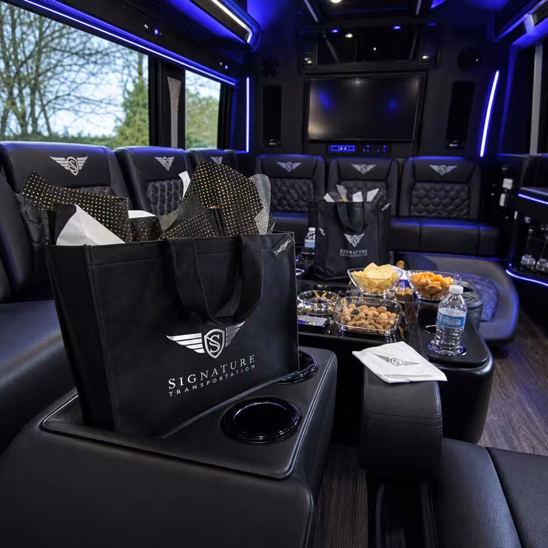 Party bus interior with wraparound leather seating and LED lighting in Baton Rouge